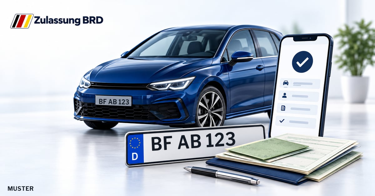 Online Fahrzeugzulassung in Lengerich: Musterkennzeichen BF AB 123, Auto und Fahrzeugpapiere und Smartphone. Illustration mit Logo von Zulassung BRD.